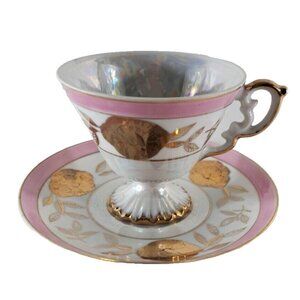 VTG Lefton China Pedestal Tea Cup W Saucer NE1424R Gold Pink Japan Iridescent